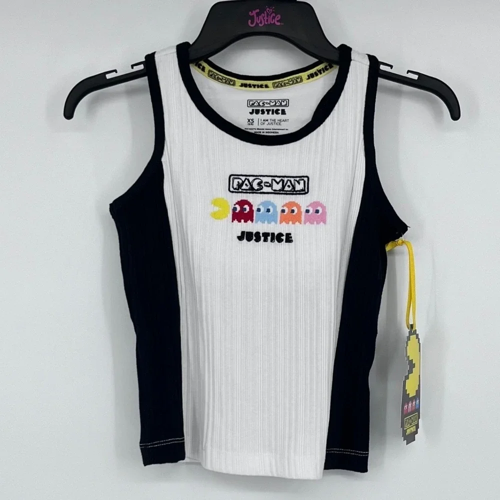 NWT Justice Pac-Man‎ Girls Ribbed Racerback Tank Top White Black XS 5/6